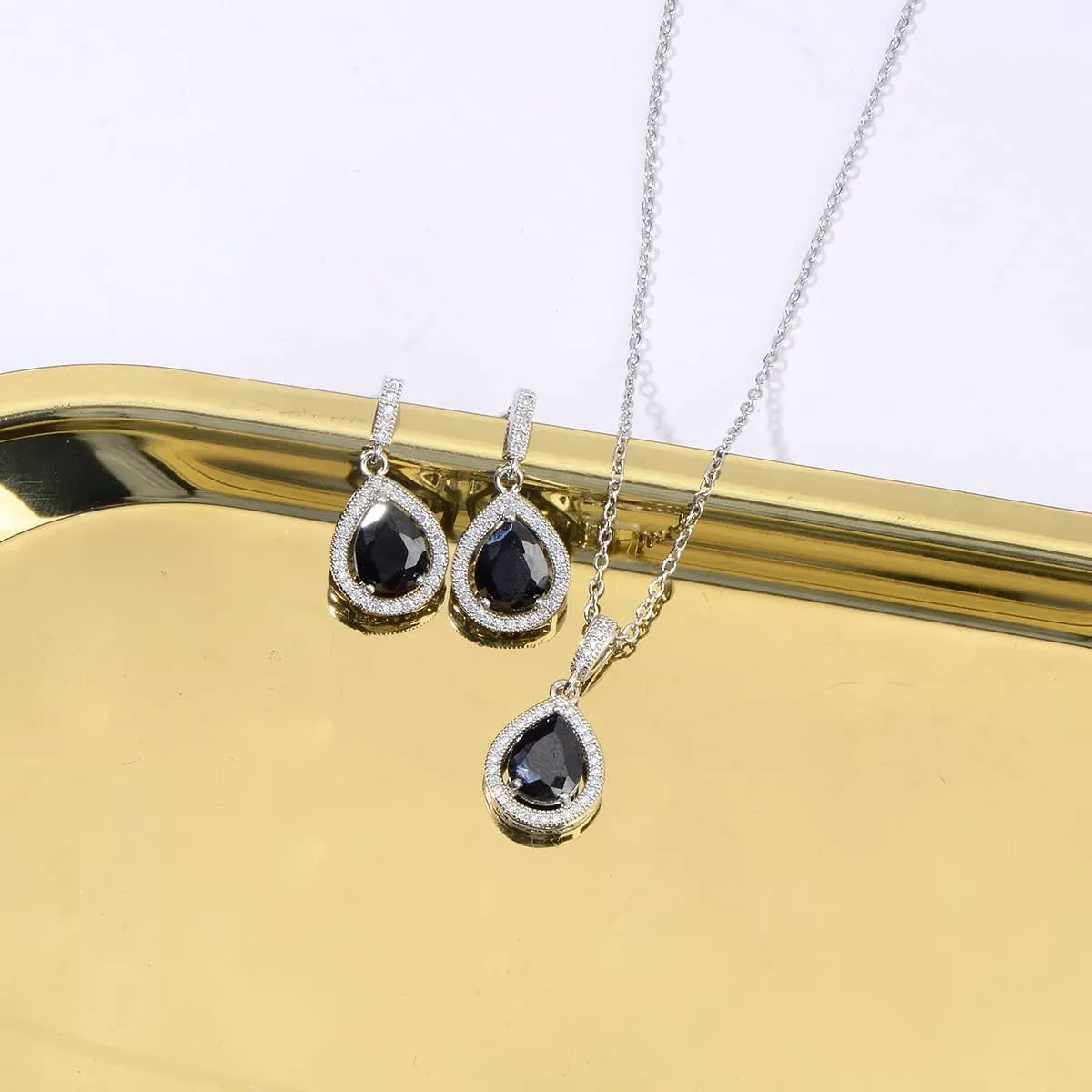 Teardrop Jewelry Set for Women - Sterling Silver Small Teardrop Cubic Zirconia Crystal CZ Rhinestone Drop Earrings and Pendant Necklace Set for Wedding Bride Bridesmaids Mother of Bride Prom Party Bridal Costume Jewelry