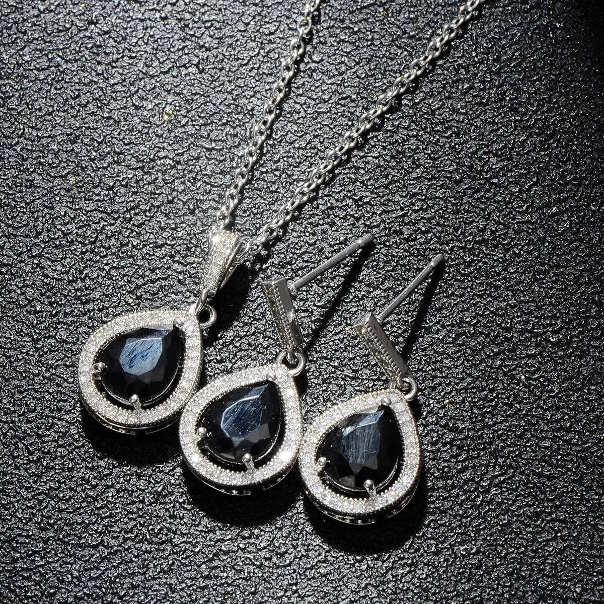Teardrop Jewelry Set for Women - Sterling Silver Small Teardrop Cubic Zirconia Crystal CZ Rhinestone Drop Earrings and Pendant Necklace Set for Wedding Bride Bridesmaids Mother of Bride Prom Party Bridal Costume Jewelry