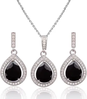 Teardrop Jewelry Set for Women - Sterling Silver Small Teardrop Cubic Zirconia Crystal CZ Rhinestone Drop Earrings and Pendant Necklace Set for Wedding Bride Bridesmaids Mother of Bride Prom Party Bridal Costume Jewelry