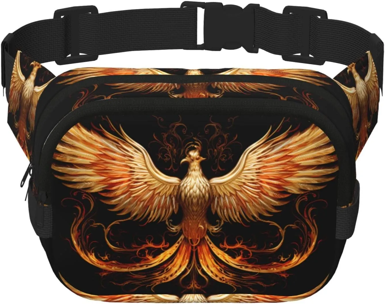 The Golden Phoenix Printed Fashion Crossbody Bag, Hiking Waist Bag, Square Double Layer Travel and Fitness Shoulder Bag