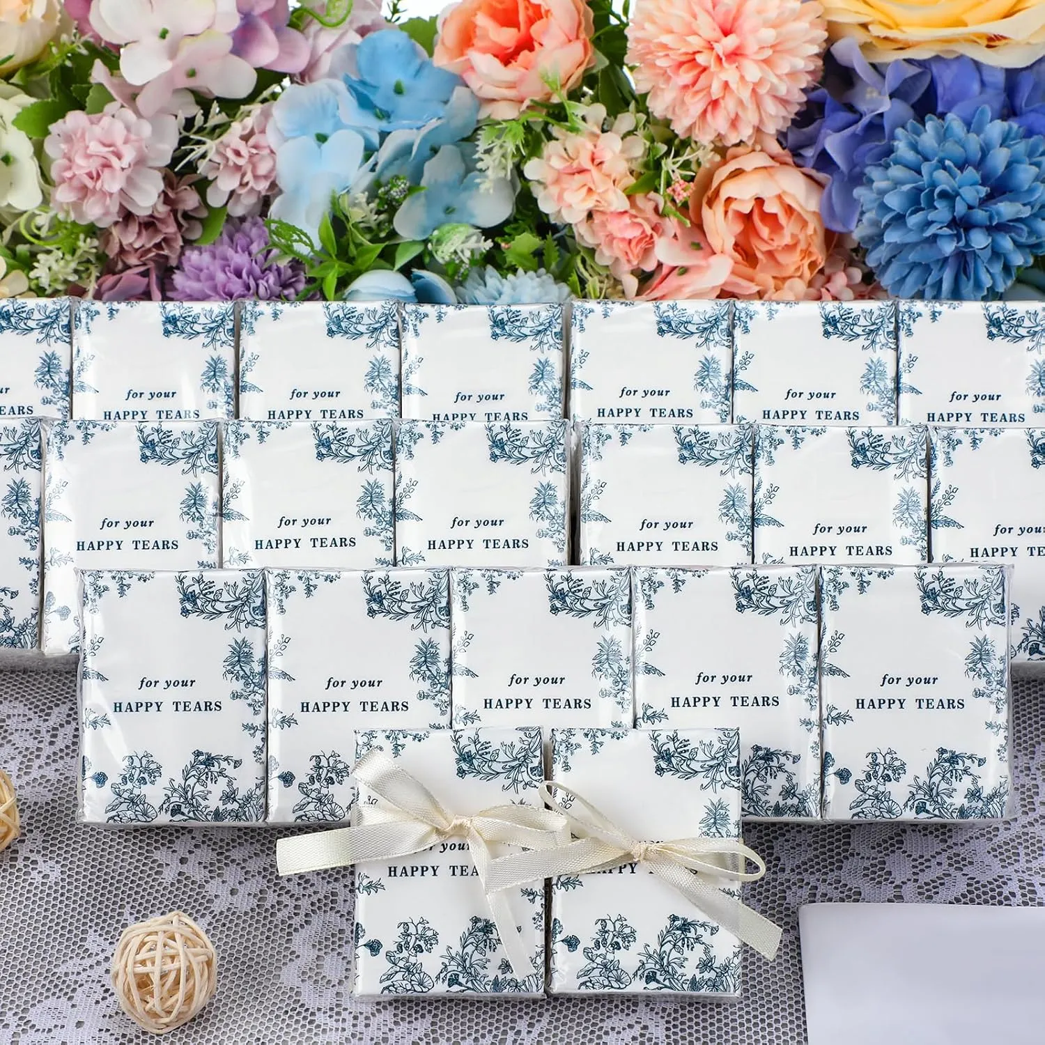 Therwen 100 Pack Wedding Happy Tears Tissues Packs for Wedding Guests 1000 Sheet Tissues Packs Travel Size Bulk Wedding Tissues Wedding Day Welcome Bags Essentials Stuffers Emergency Kit(Classic)