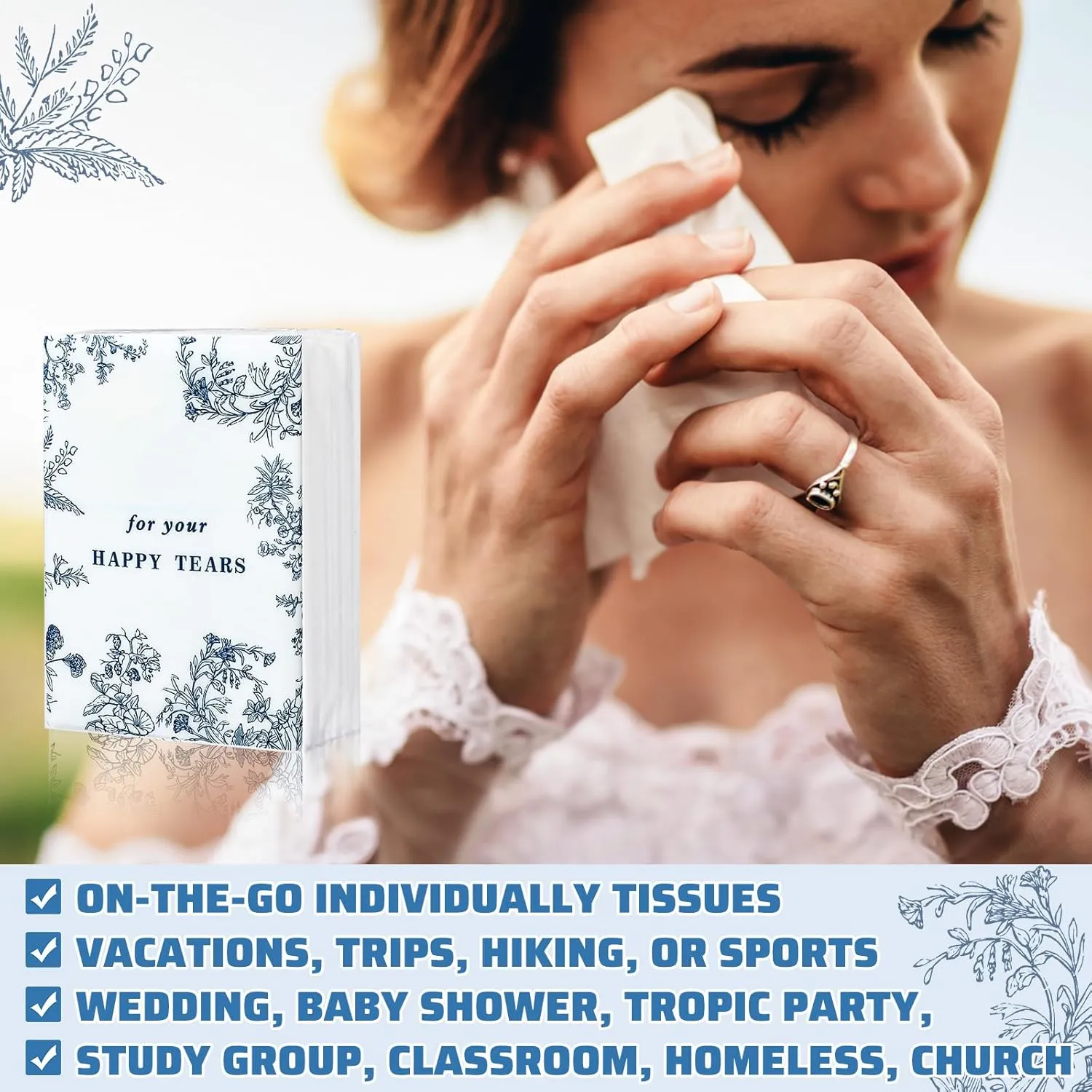 Therwen 100 Pack Wedding Happy Tears Tissues Packs for Wedding Guests 1000 Sheet Tissues Packs Travel Size Bulk Wedding Tissues Wedding Day Welcome Bags Essentials Stuffers Emergency Kit(Classic)
