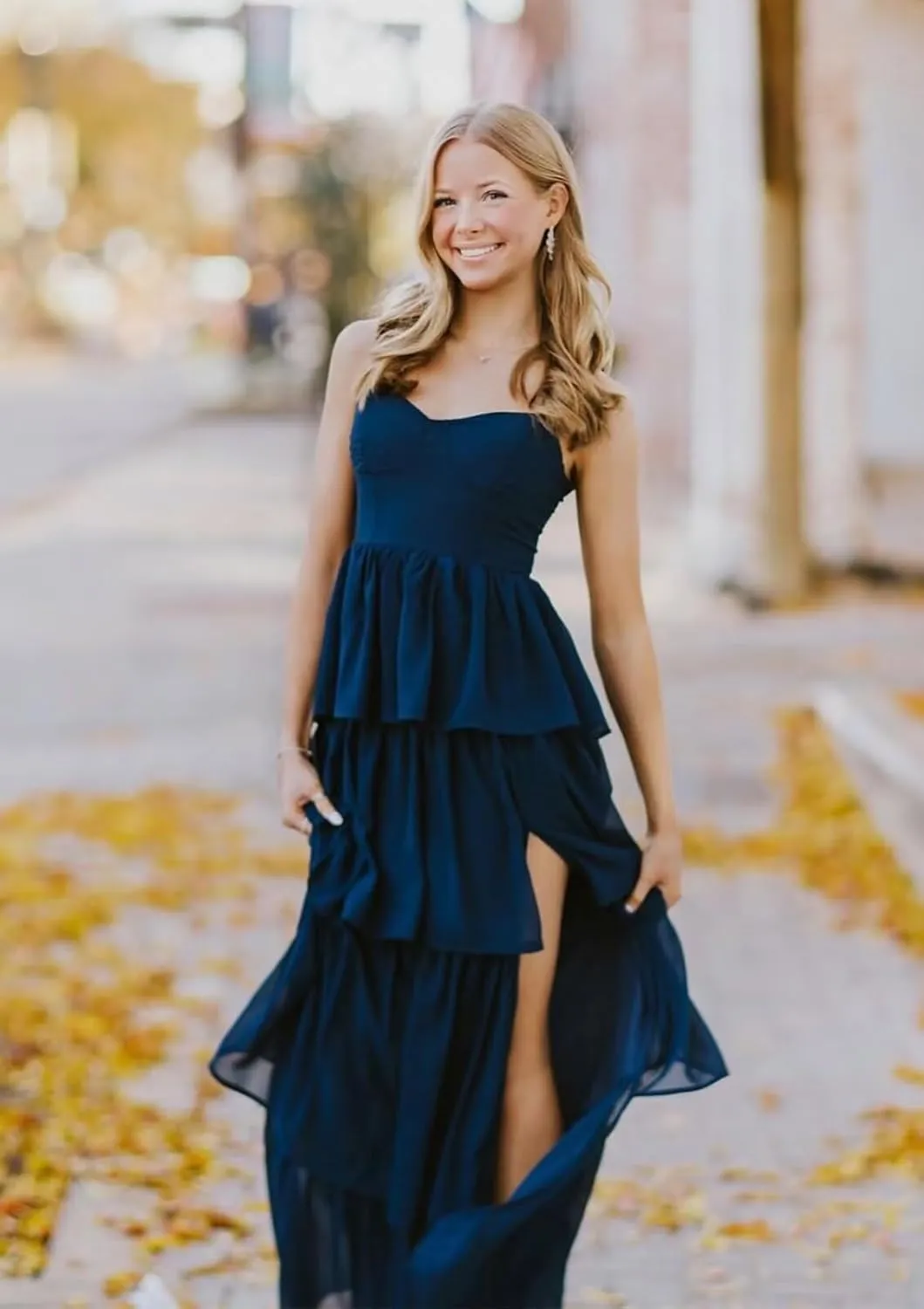 Tiered Bridesmaid Dresses for Women Chiffon Ruffles Long A Line Prom Dress with Slit