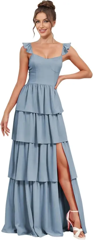 Tiered Bridesmaid Dresses for Women Chiffon Ruffles Long A Line Prom Dress with Slit