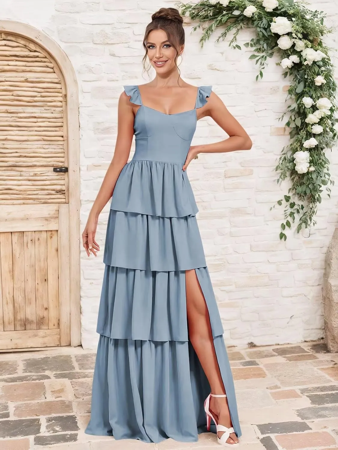 Tiered Bridesmaid Dresses for Women Chiffon Ruffles Long A Line Prom Dress with Slit