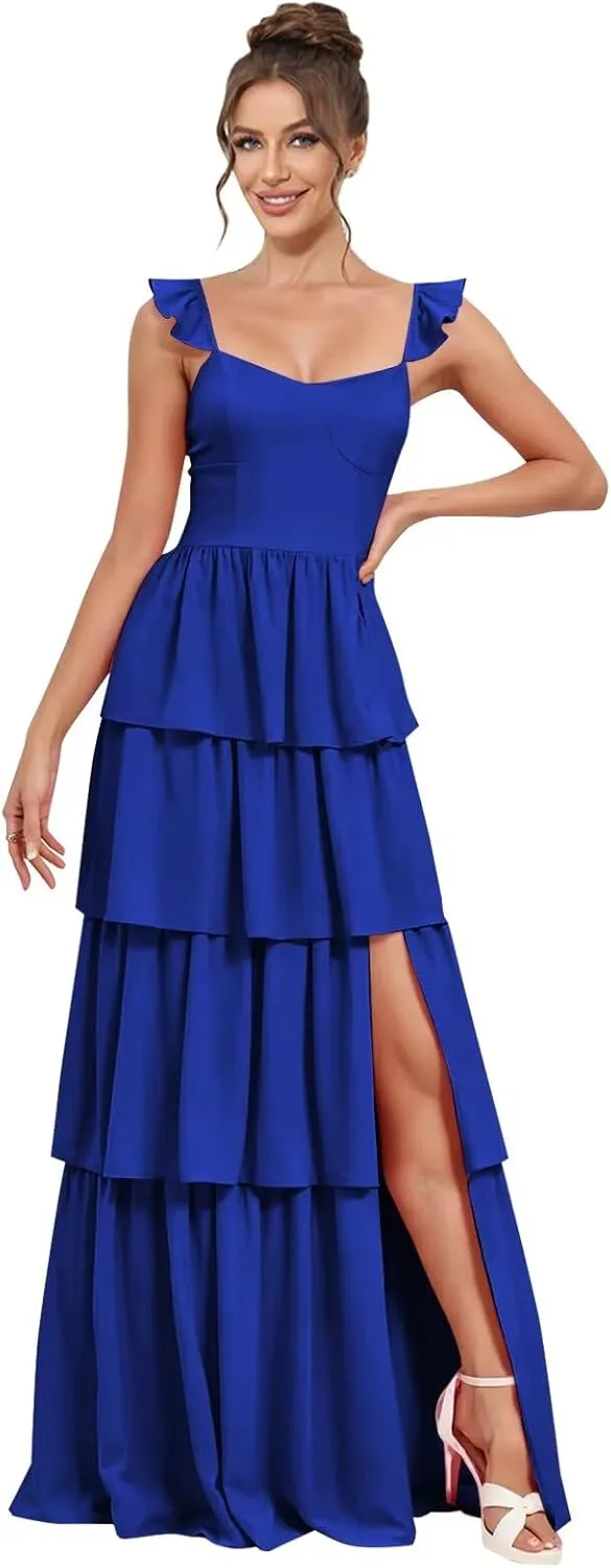 Tiered Bridesmaid Dresses for Women Chiffon Ruffles Long A Line Prom Dress with Slit