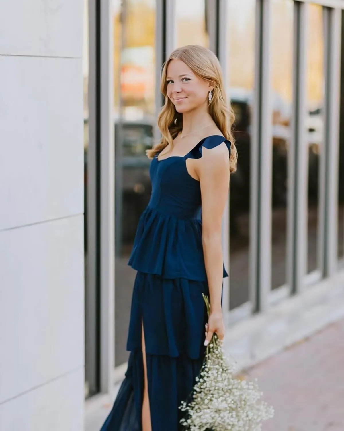 Tiered Bridesmaid Dresses for Women Chiffon Ruffles Long A Line Prom Dress with Slit