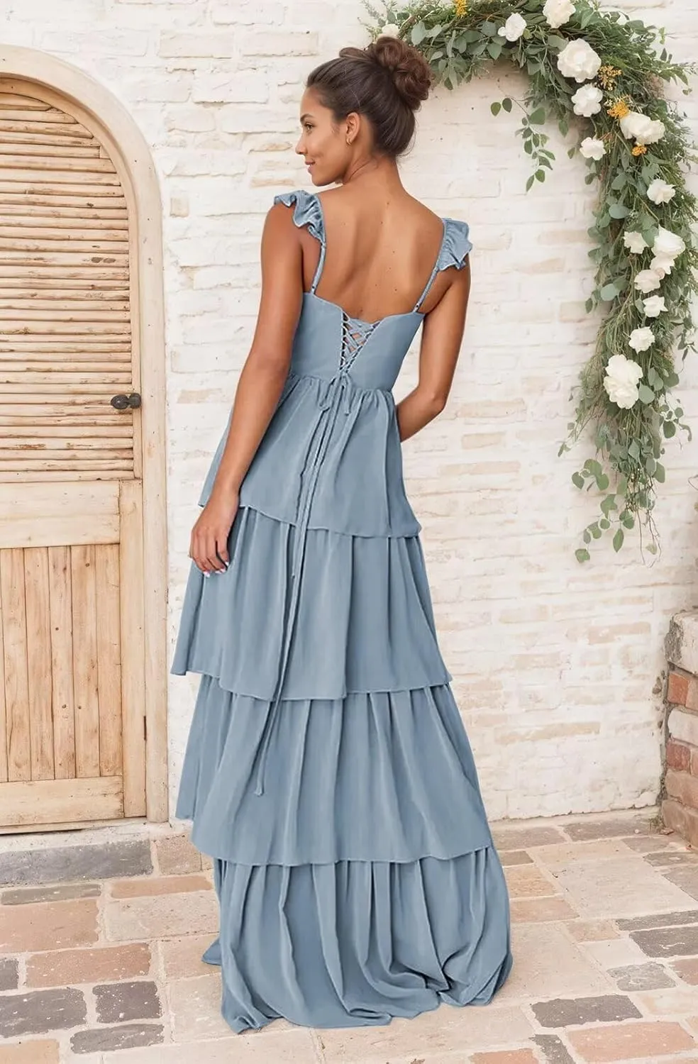 Tiered Bridesmaid Dresses for Women Chiffon Ruffles Long A Line Prom Dress with Slit