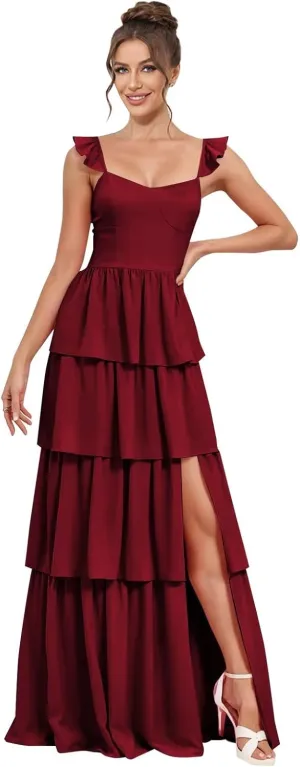 Tiered Bridesmaid Dresses for Women Chiffon Ruffles Long A Line Prom Dress with Slit