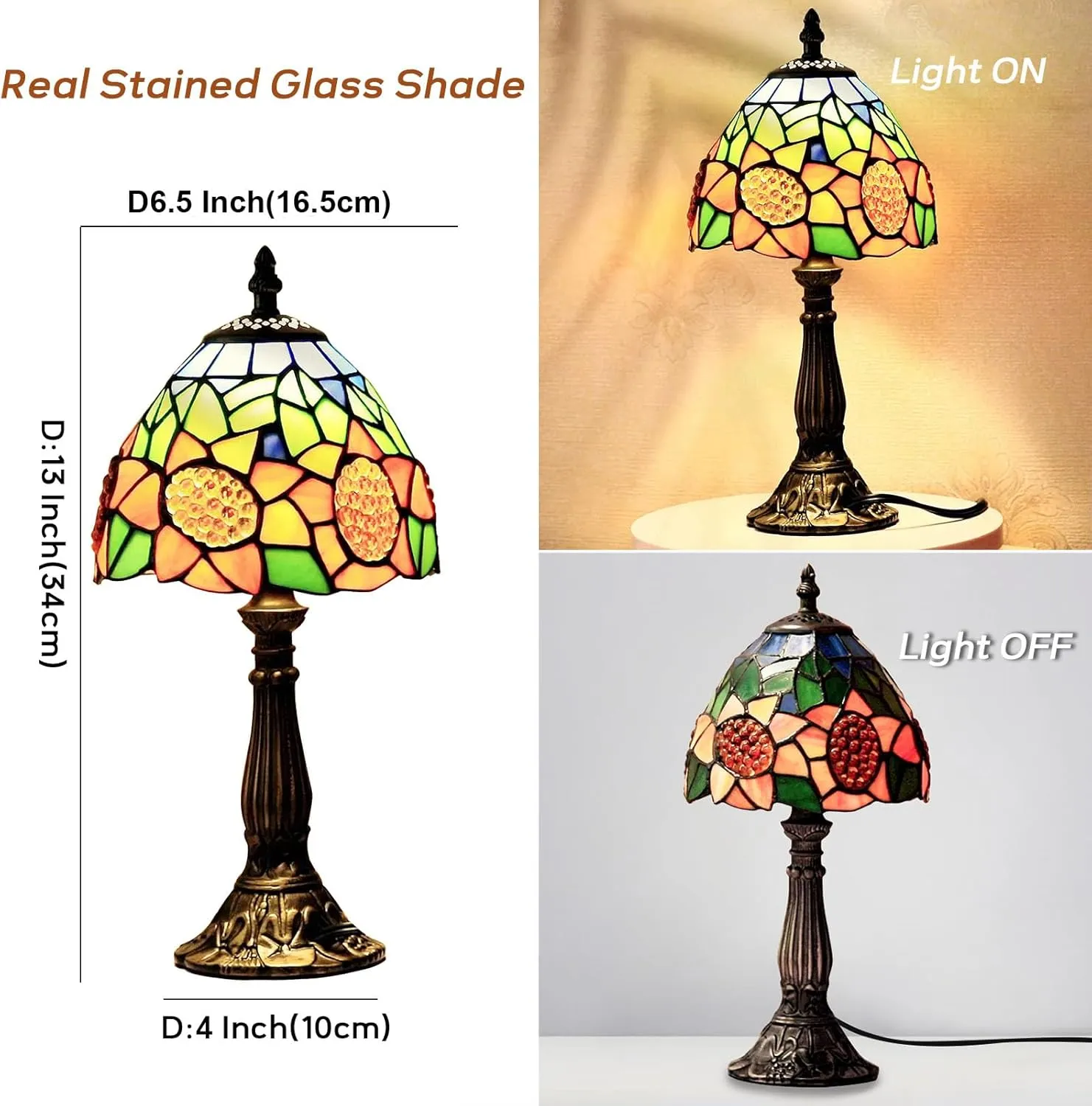 Tiffany Style Table Lamp,6.5" Small Tiffany Lamp Sunflower Design Vintage Stained Glass Nightstand lamp for Bedroom, Living Room or Study Deco Light Therapy Lamp