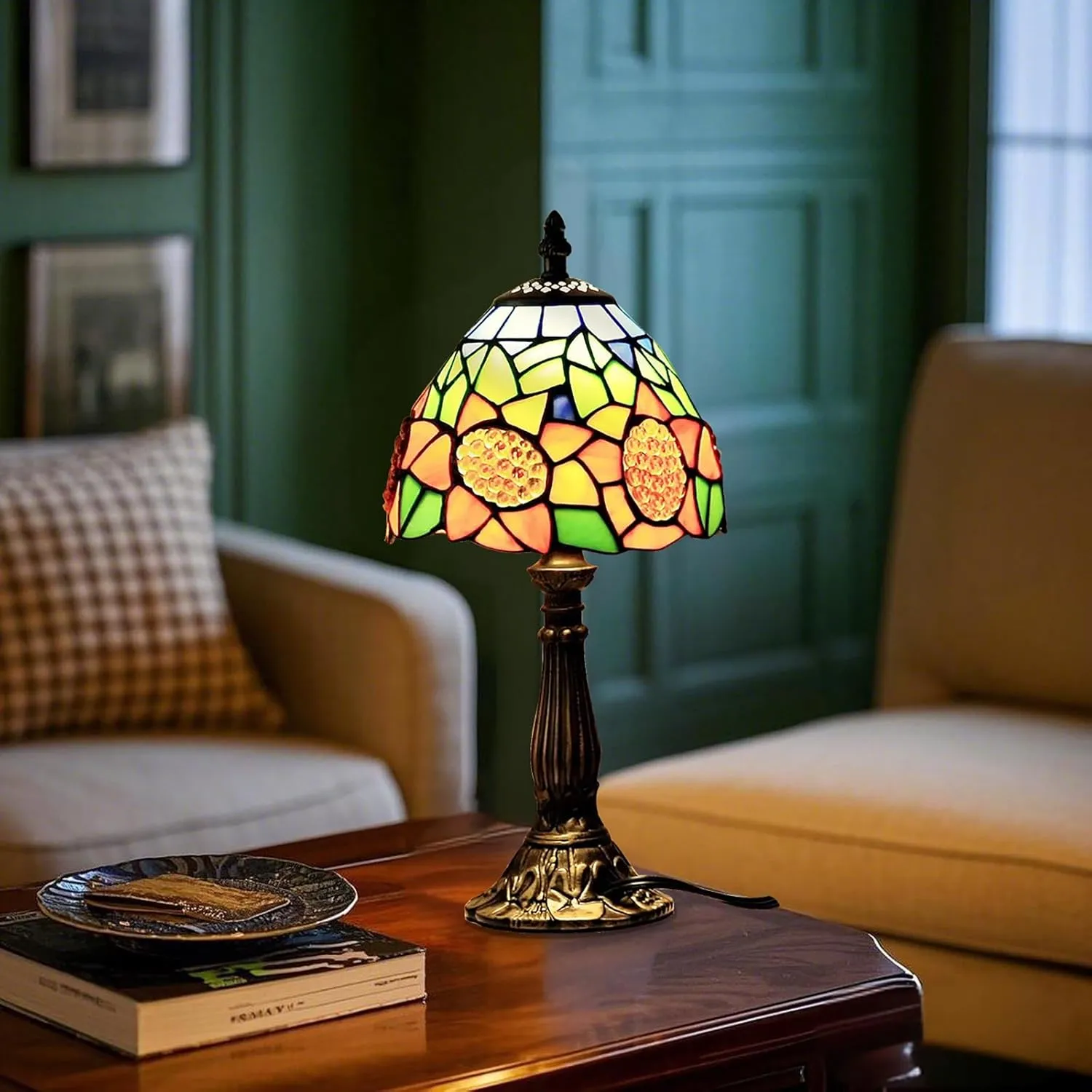 Tiffany Style Table Lamp,6.5" Small Tiffany Lamp Sunflower Design Vintage Stained Glass Nightstand lamp for Bedroom, Living Room or Study Deco Light Therapy Lamp