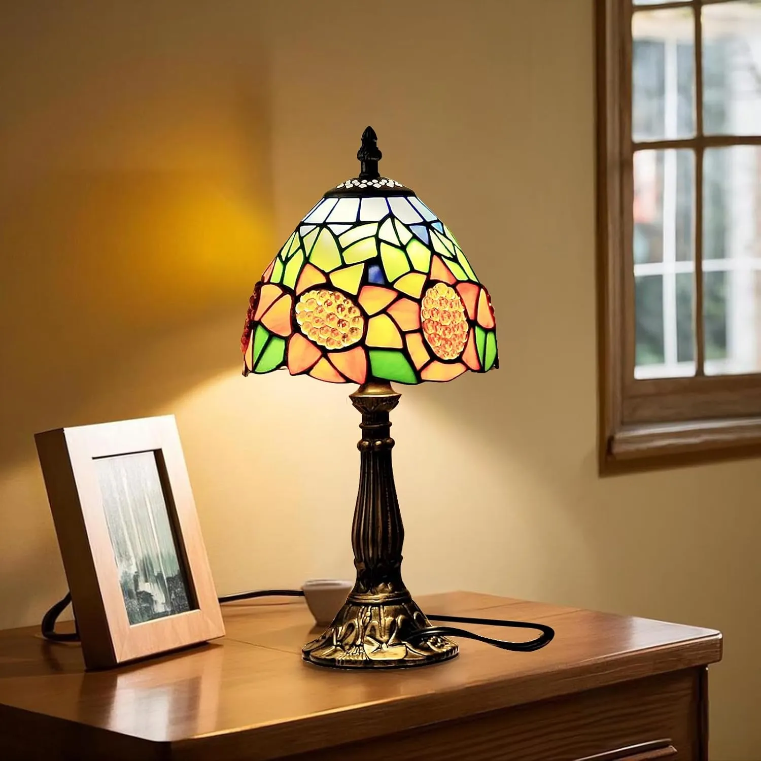Tiffany Style Table Lamp,6.5" Small Tiffany Lamp Sunflower Design Vintage Stained Glass Nightstand lamp for Bedroom, Living Room or Study Deco Light Therapy Lamp