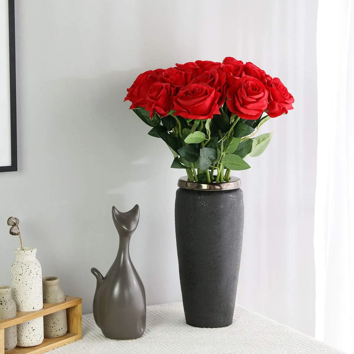 Tifuly 12 Pcs Red Roses Artificial Flowers,Realistic Long Stem Fake Silk Roses Bouquet for Party Home Wedding Centerpiece Office Decor