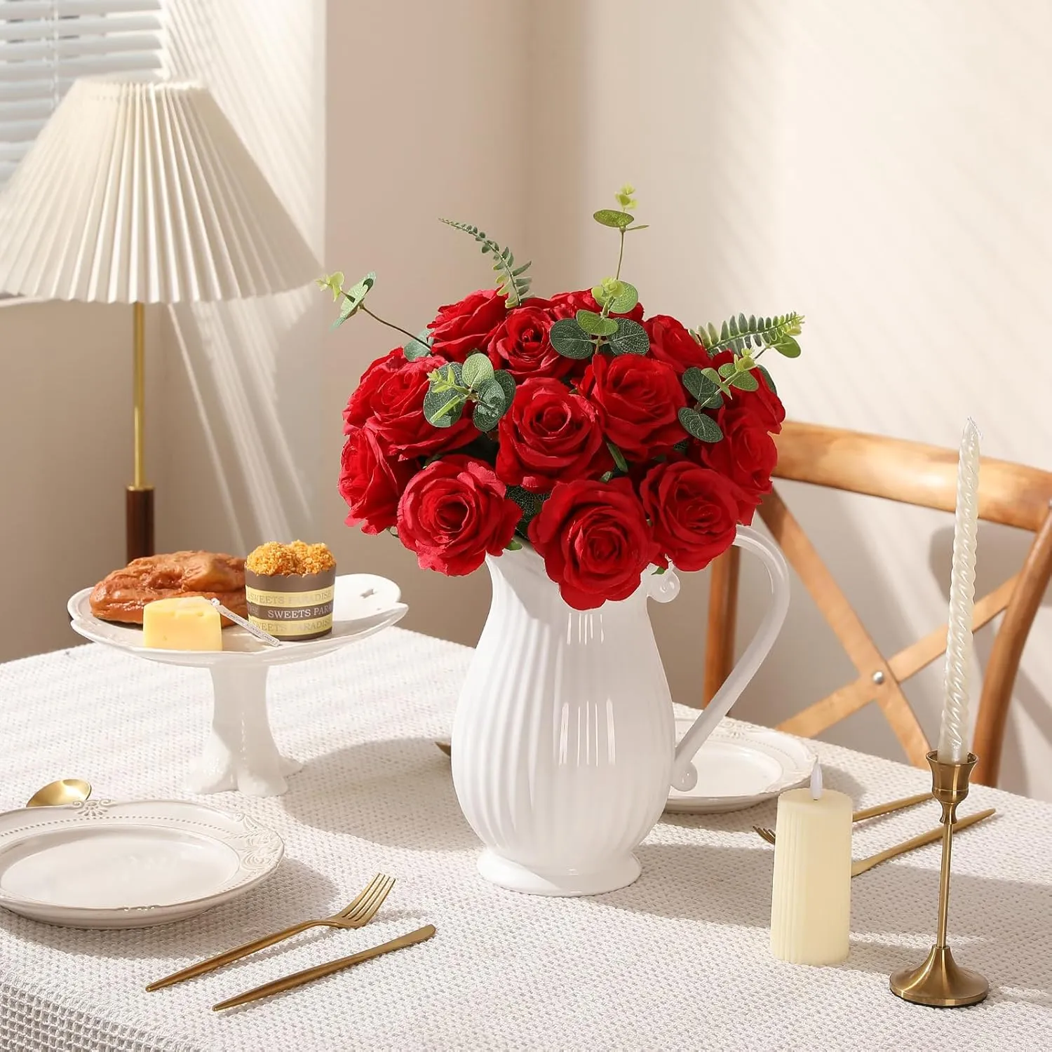 Tifuly 12 Pcs Red Roses Artificial Flowers,Realistic Long Stem Fake Silk Roses Bouquet for Party Home Wedding Centerpiece Office Decor