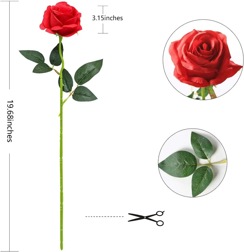 Tifuly 12 Pcs Red Roses Artificial Flowers,Realistic Long Stem Fake Silk Roses Bouquet for Party Home Wedding Centerpiece Office Decor