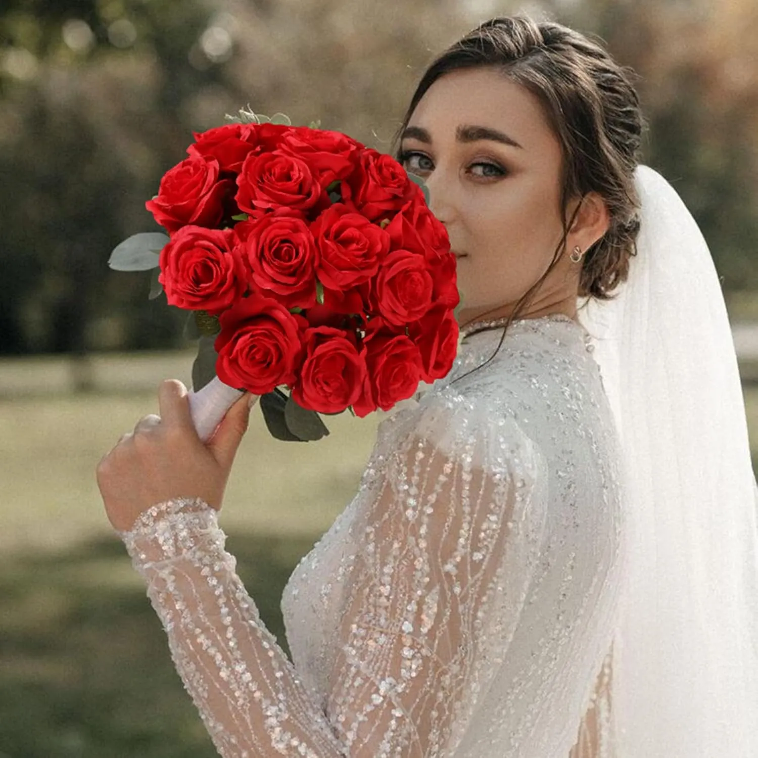 Tifuly 12 Pcs Red Roses Artificial Flowers,Realistic Long Stem Fake Silk Roses Bouquet for Party Home Wedding Centerpiece Office Decor