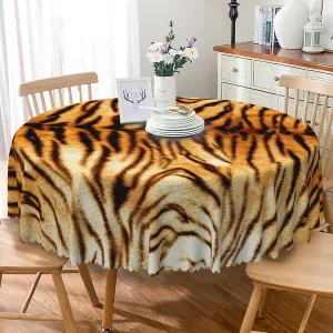 Tiger Print Round Tablecloth 70 Inch Brown Black Wild Animal Tiger Skin Fabric Table Cloth Polyester Oilproof Washable Jungle Table Cover for Theme Party Picnic Camping Dining Decoration