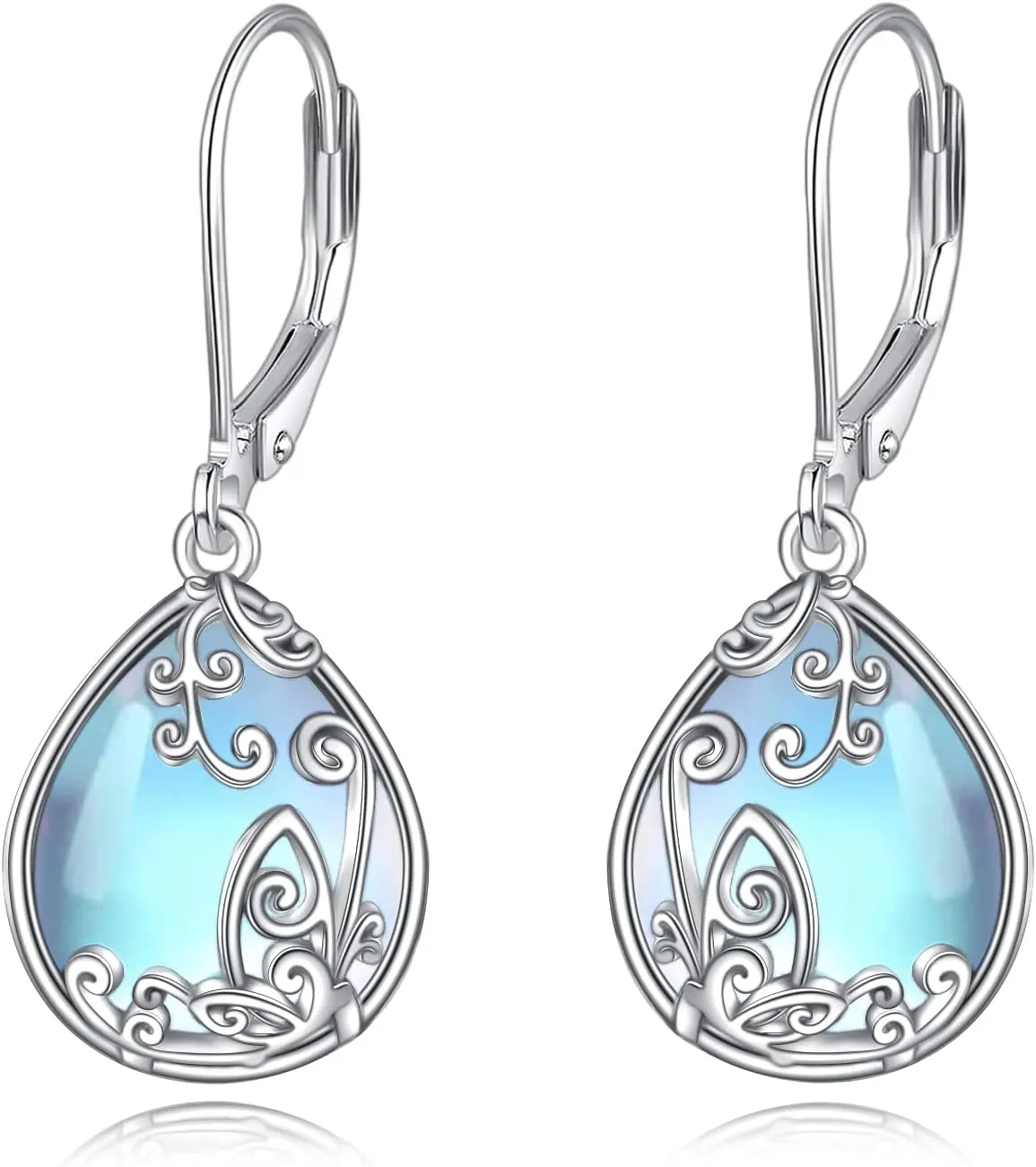 TIGER RIDER Butterfly Filigree Teardrop Drop Dangle Earrings Moonstone Leverback Earrings Sterling Silver Jewelry For Women