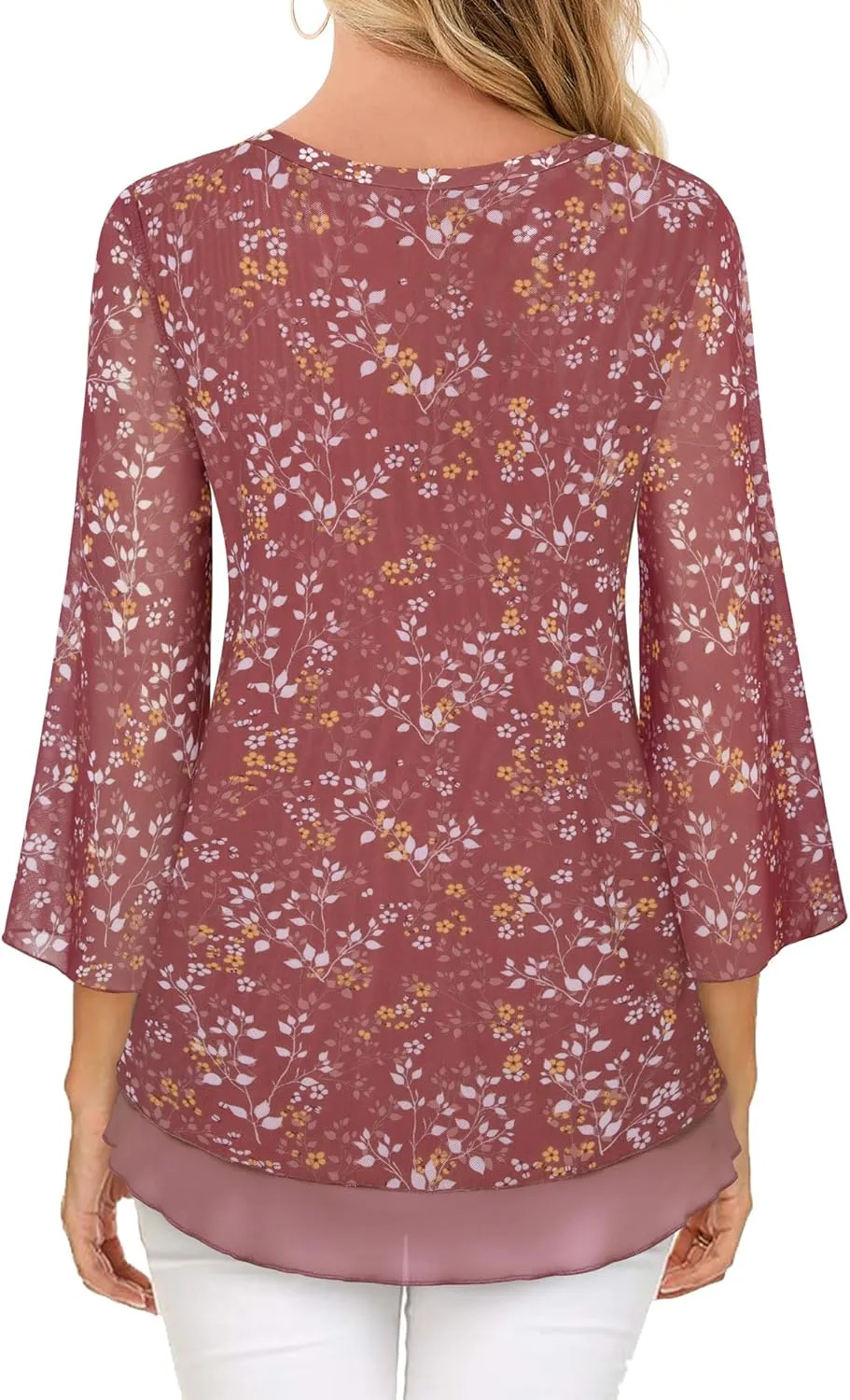 Timeson Women's 3/4 Sleeve Floral Blouses Shirts Double Layers V Neck Dressy Tunics Tops