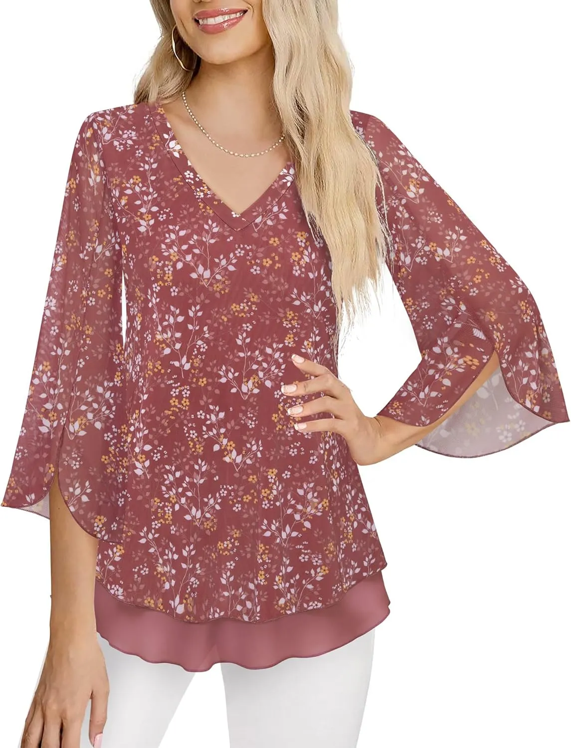 Timeson Women's 3/4 Sleeve Floral Blouses Shirts Double Layers V Neck Dressy Tunics Tops