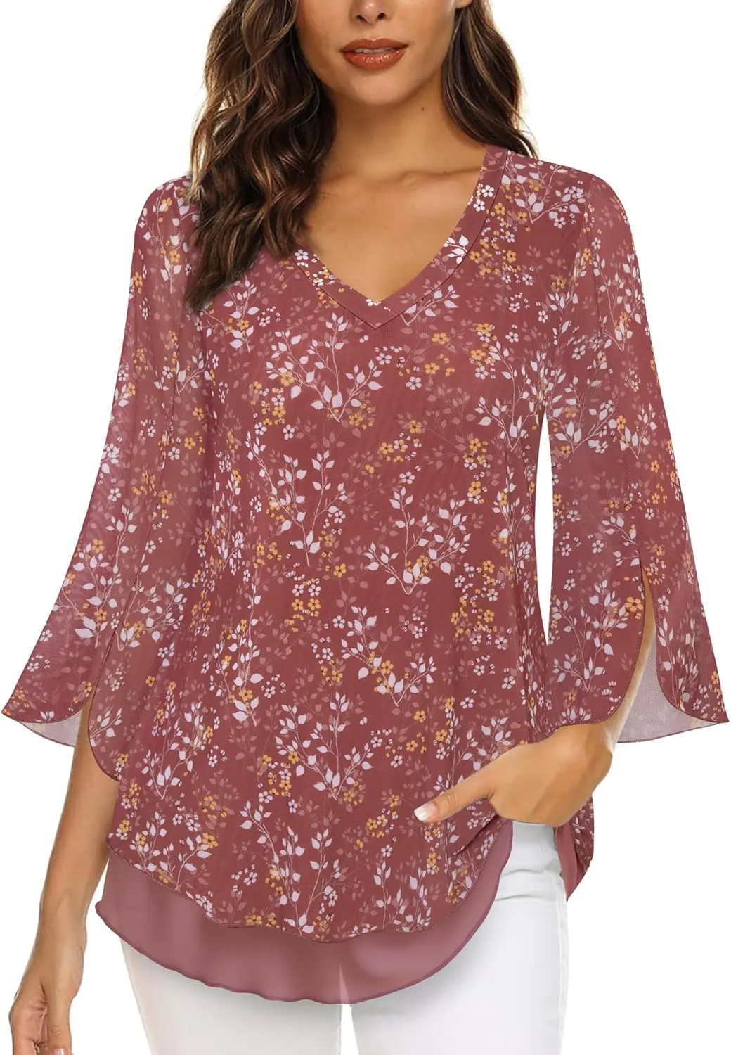 Timeson Women's 3/4 Sleeve Floral Blouses Shirts Double Layers V Neck Dressy Tunics Tops