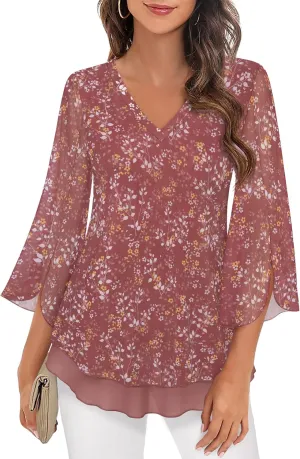 Timeson Women's 3/4 Sleeve Floral Blouses Shirts Double Layers V Neck Dressy Tunics Tops