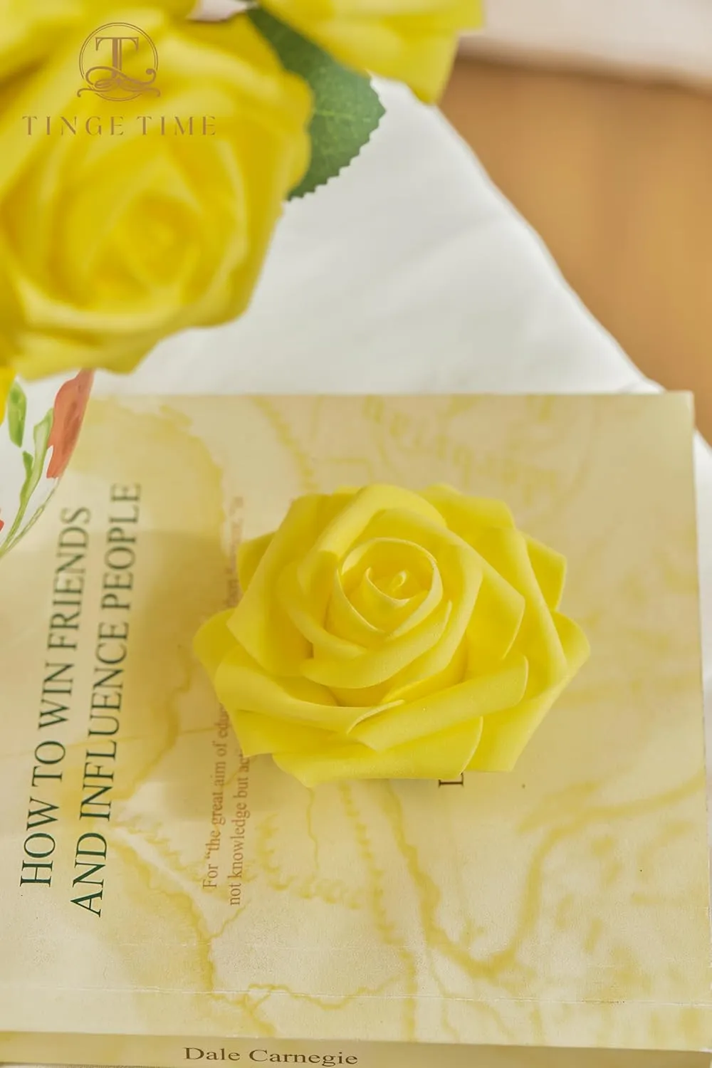 TINGE TIME Yellow Flowers Artificial Rose 25pcs Realistic Fake Roses for DIY Wedding Bouquet Baby Shower Centerpiece Floral Arrangement Party Home Cake Decorations