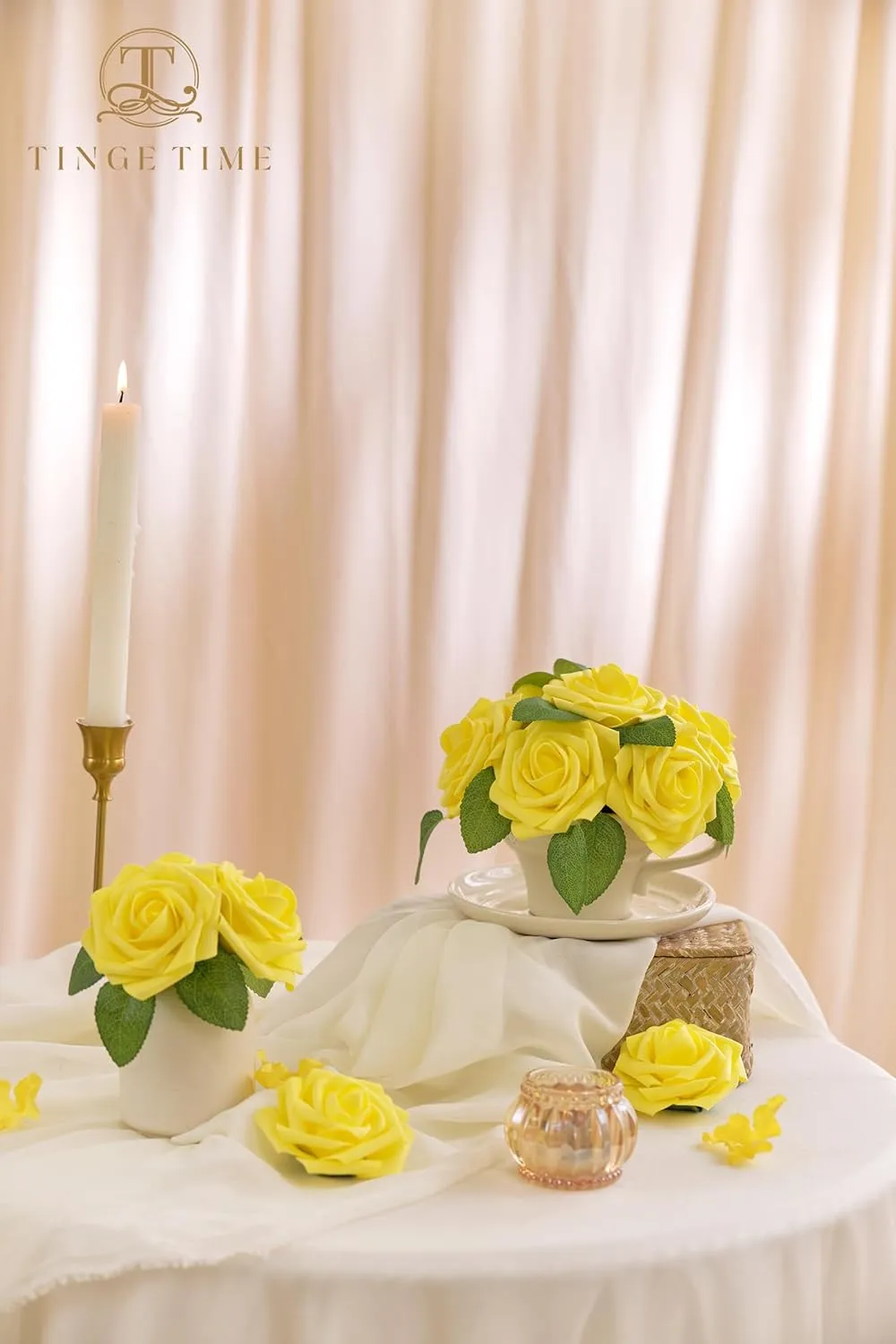 TINGE TIME Yellow Flowers Artificial Rose 25pcs Realistic Fake Roses for DIY Wedding Bouquet Baby Shower Centerpiece Floral Arrangement Party Home Cake Decorations