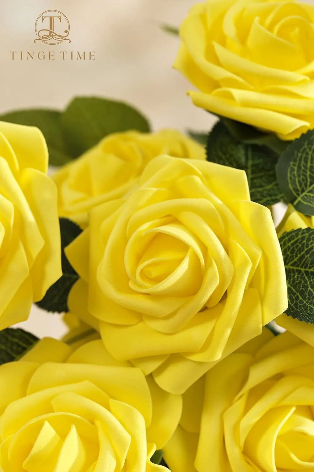 TINGE TIME Yellow Flowers Artificial Rose 25pcs Realistic Fake Roses for DIY Wedding Bouquet Baby Shower Centerpiece Floral Arrangement Party Home Cake Decorations