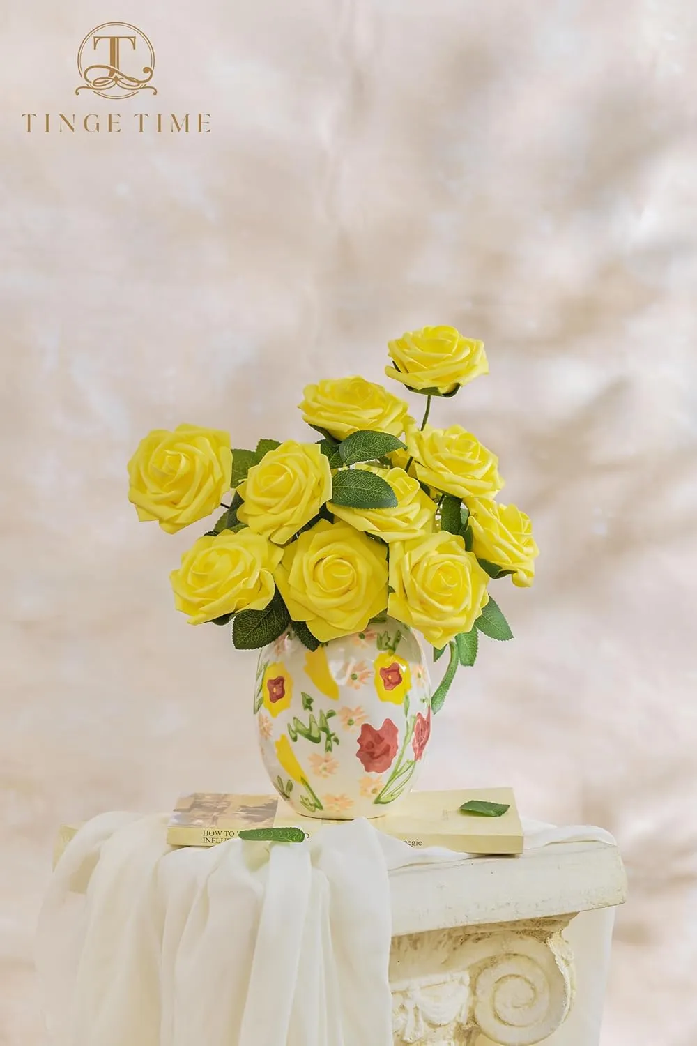 TINGE TIME Yellow Flowers Artificial Rose 25pcs Realistic Fake Roses for DIY Wedding Bouquet Baby Shower Centerpiece Floral Arrangement Party Home Cake Decorations