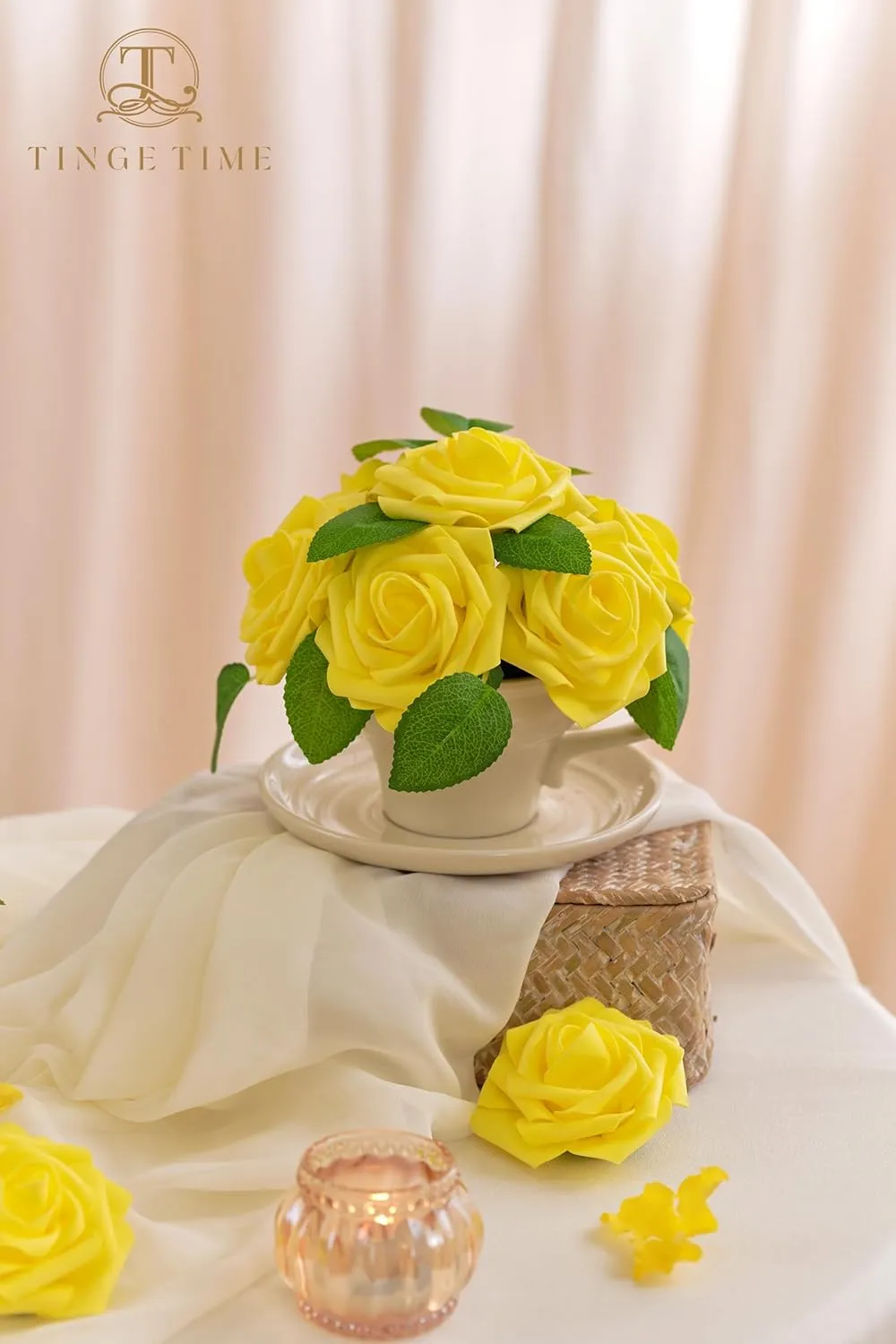 TINGE TIME Yellow Flowers Artificial Rose 25pcs Realistic Fake Roses for DIY Wedding Bouquet Baby Shower Centerpiece Floral Arrangement Party Home Cake Decorations