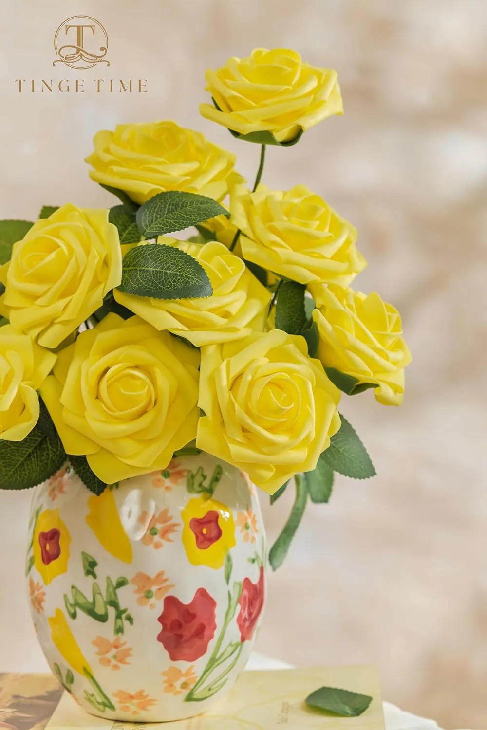 TINGE TIME Yellow Flowers Artificial Rose 25pcs Realistic Fake Roses for DIY Wedding Bouquet Baby Shower Centerpiece Floral Arrangement Party Home Cake Decorations