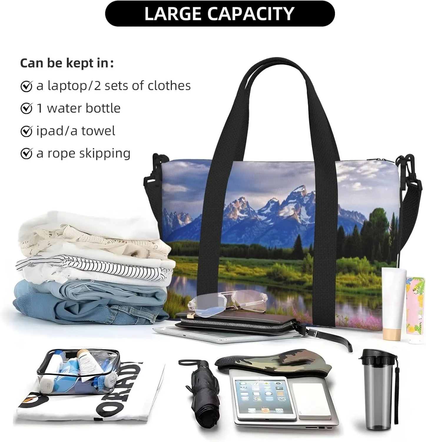 Travel Duffle Bag Weekender Bags for Men Women Adjustable Large Capacity Weekender Overnight Bag Carry On Tote Bags Waterproof Sport Gym Bag for Travel Yoga, Grand Teton National Park, One Size