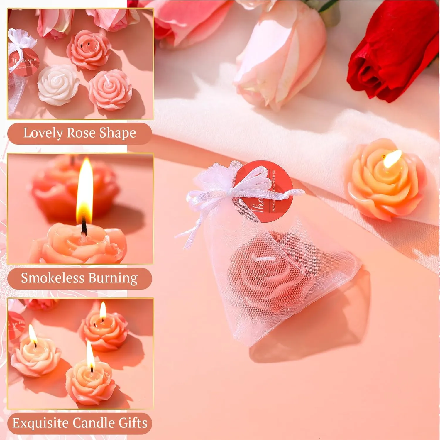 Treela 24 Set Flower Candles Wedding Favor for Guests Mini Pink Champagne Rose Shaped Tealight Candles for Return Gift Wedding Birthday Bridal Shower Housewarming Party