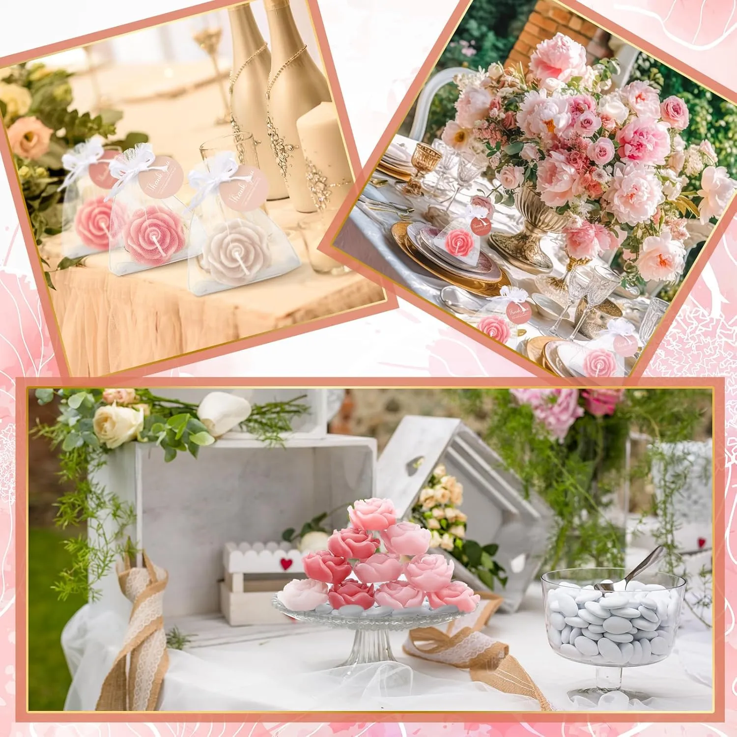 Treela 24 Set Flower Candles Wedding Favor for Guests Mini Pink Champagne Rose Shaped Tealight Candles for Return Gift Wedding Birthday Bridal Shower Housewarming Party