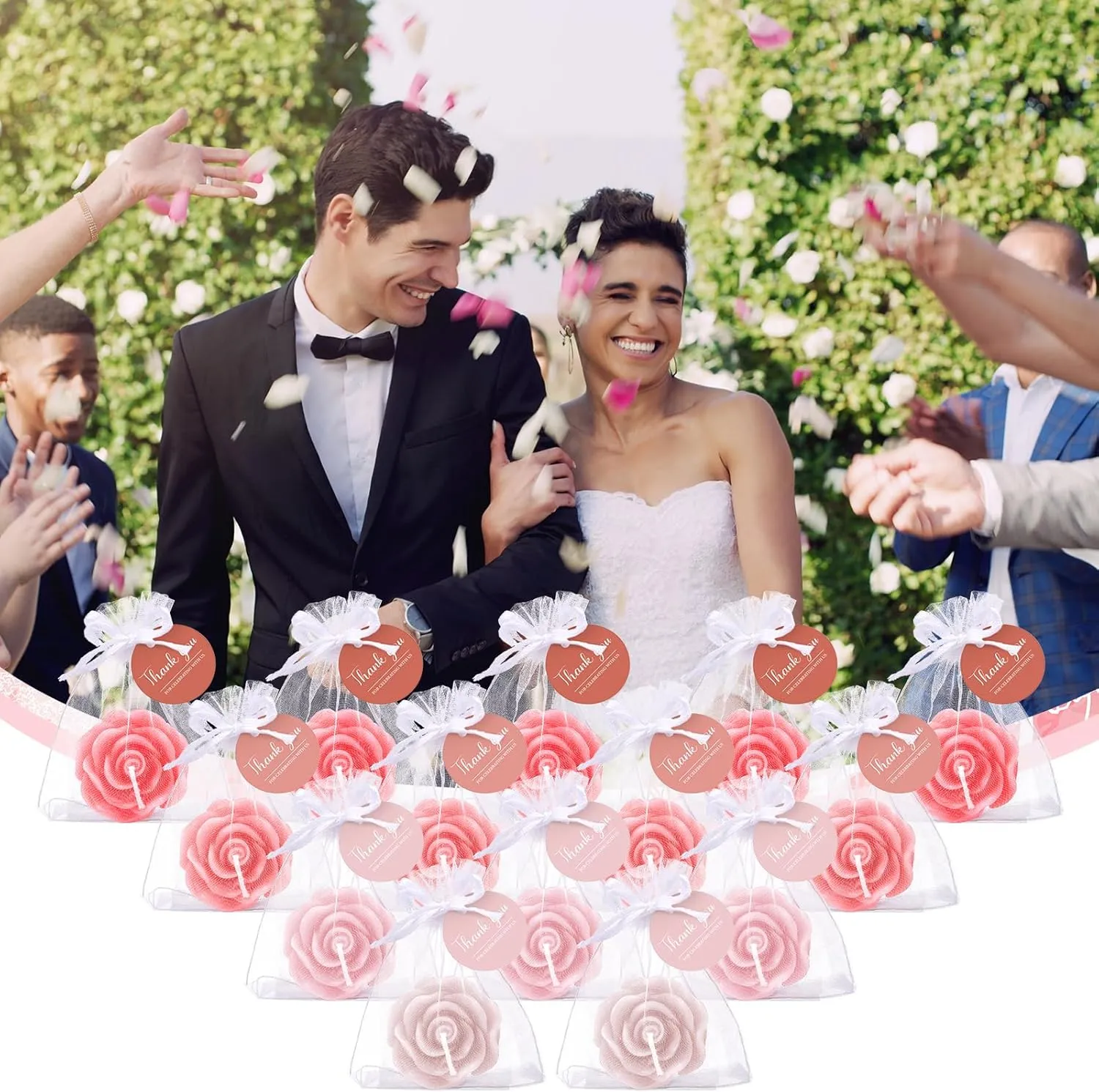 Treela 24 Set Flower Candles Wedding Favor for Guests Mini Pink Champagne Rose Shaped Tealight Candles for Return Gift Wedding Birthday Bridal Shower Housewarming Party