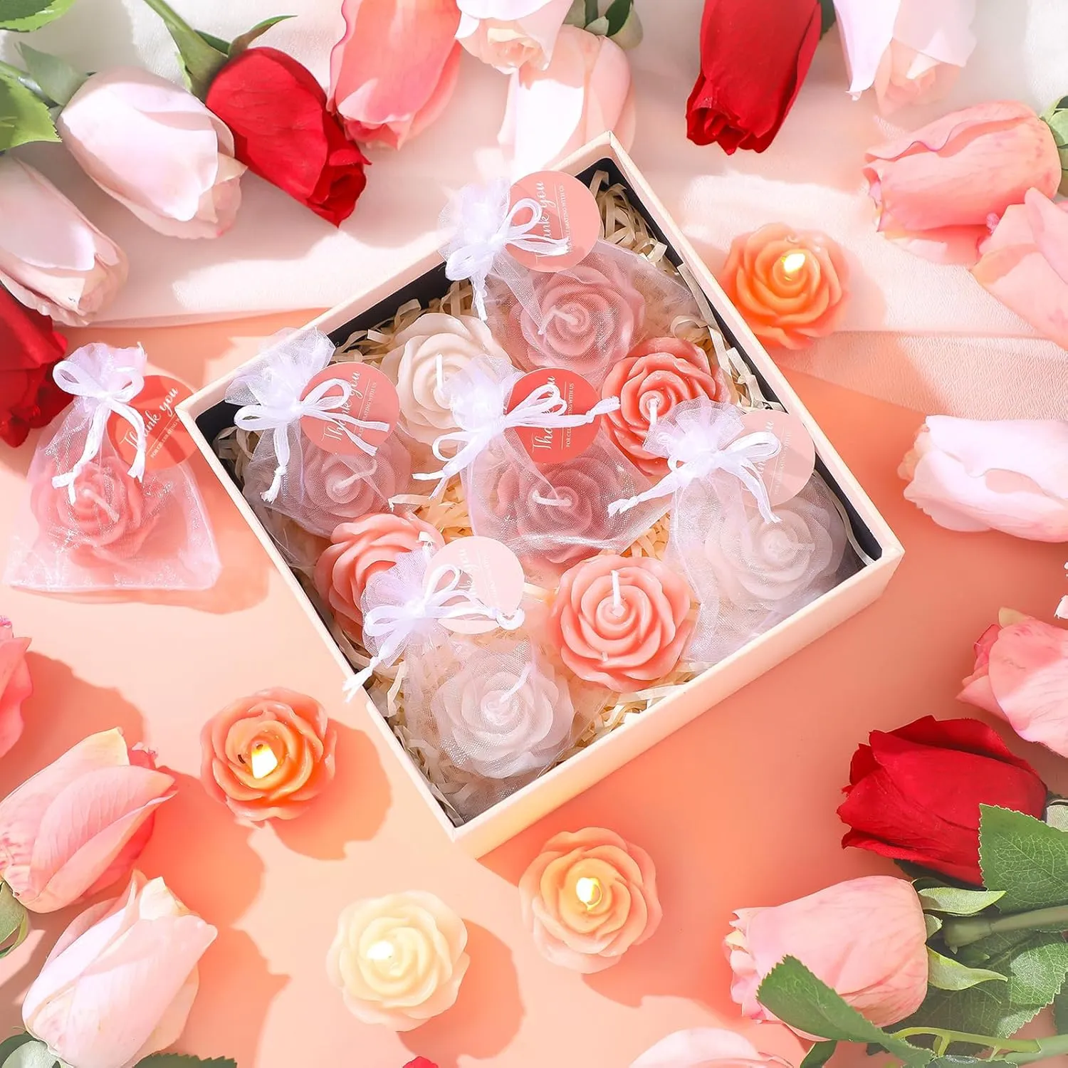 Treela 24 Set Flower Candles Wedding Favor for Guests Mini Pink Champagne Rose Shaped Tealight Candles for Return Gift Wedding Birthday Bridal Shower Housewarming Party