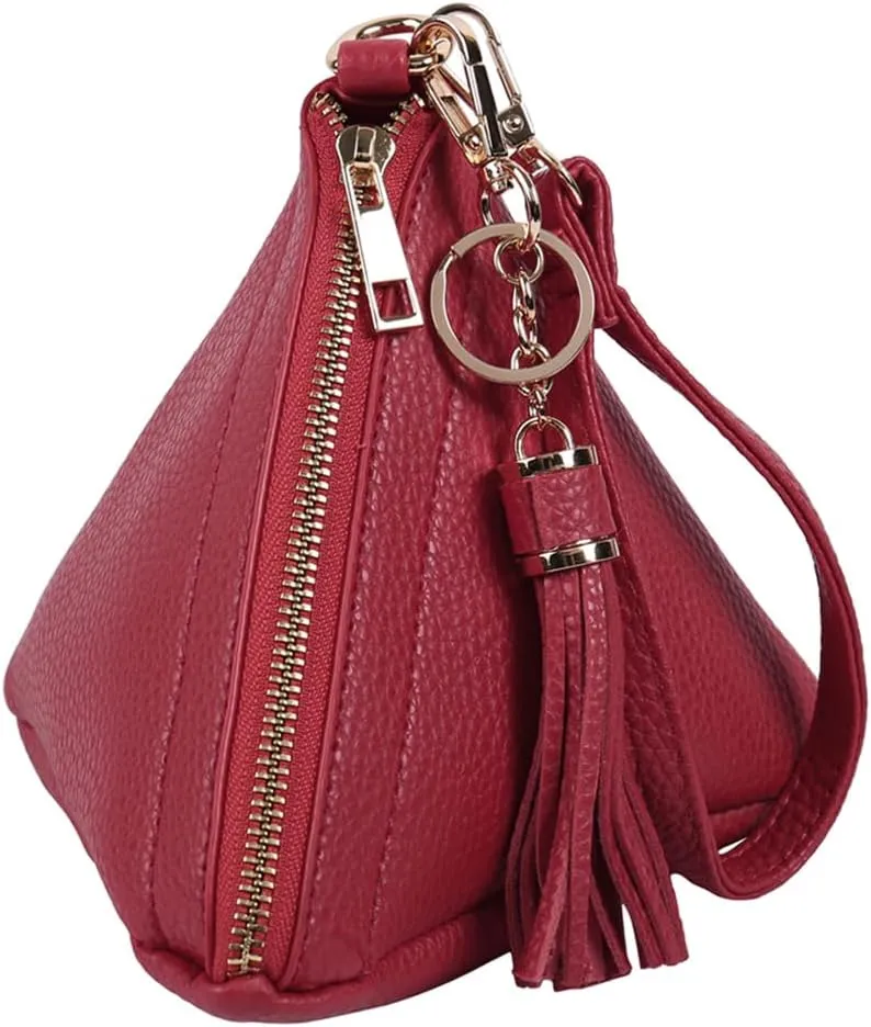 Triangle Vegan Leather Wristlet Clutch Purse Handbag - Pyramid Evening Cocktail Pouch Wallet Detachable Strap & Tassel Charm