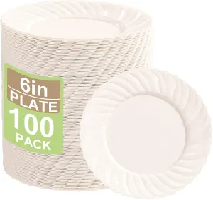 U-QE 100 Count 6 Inch Ivory Plastic Plates - Scalloped Dessert Plates Disposable - Premium Hard Fancy Disposable Heavy Duty Party Supplies for Birthdays, Celebrations, Weddings and Events