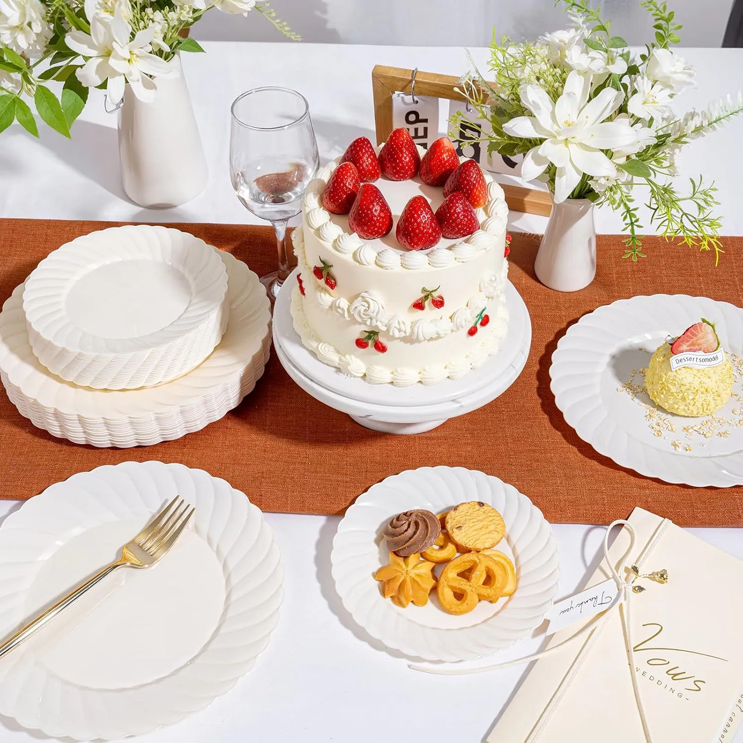 U-QE 100 Count 6 Inch Ivory Plastic Plates - Scalloped Dessert Plates Disposable - Premium Hard Fancy Disposable Heavy Duty Party Supplies for Birthdays, Celebrations, Weddings and Events