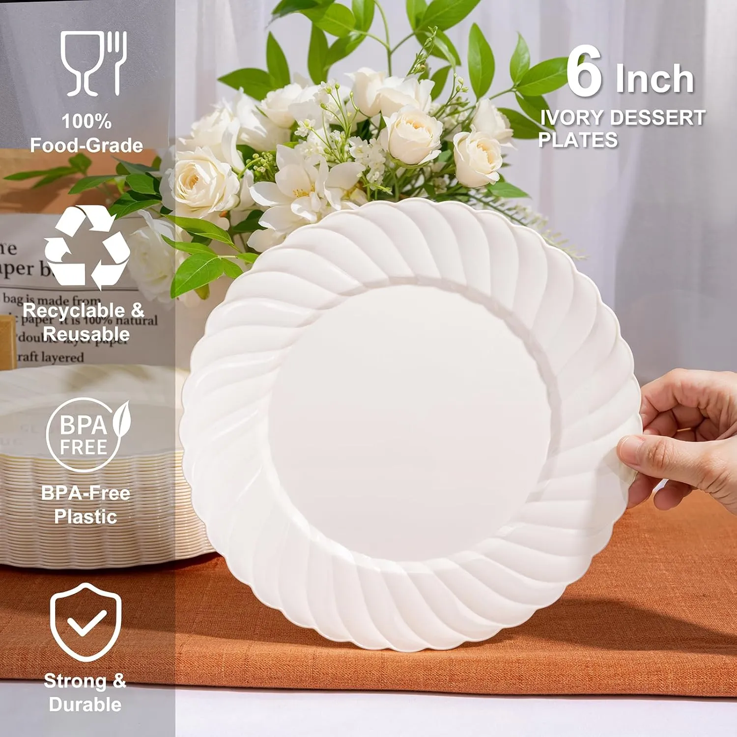 U-QE 100 Count 6 Inch Ivory Plastic Plates - Scalloped Dessert Plates Disposable - Premium Hard Fancy Disposable Heavy Duty Party Supplies for Birthdays, Celebrations, Weddings and Events