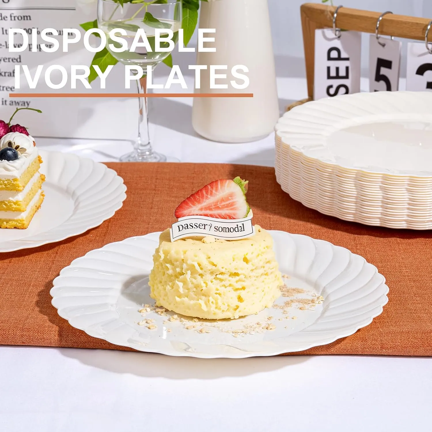 U-QE 100 Count 6 Inch Ivory Plastic Plates - Scalloped Dessert Plates Disposable - Premium Hard Fancy Disposable Heavy Duty Party Supplies for Birthdays, Celebrations, Weddings and Events