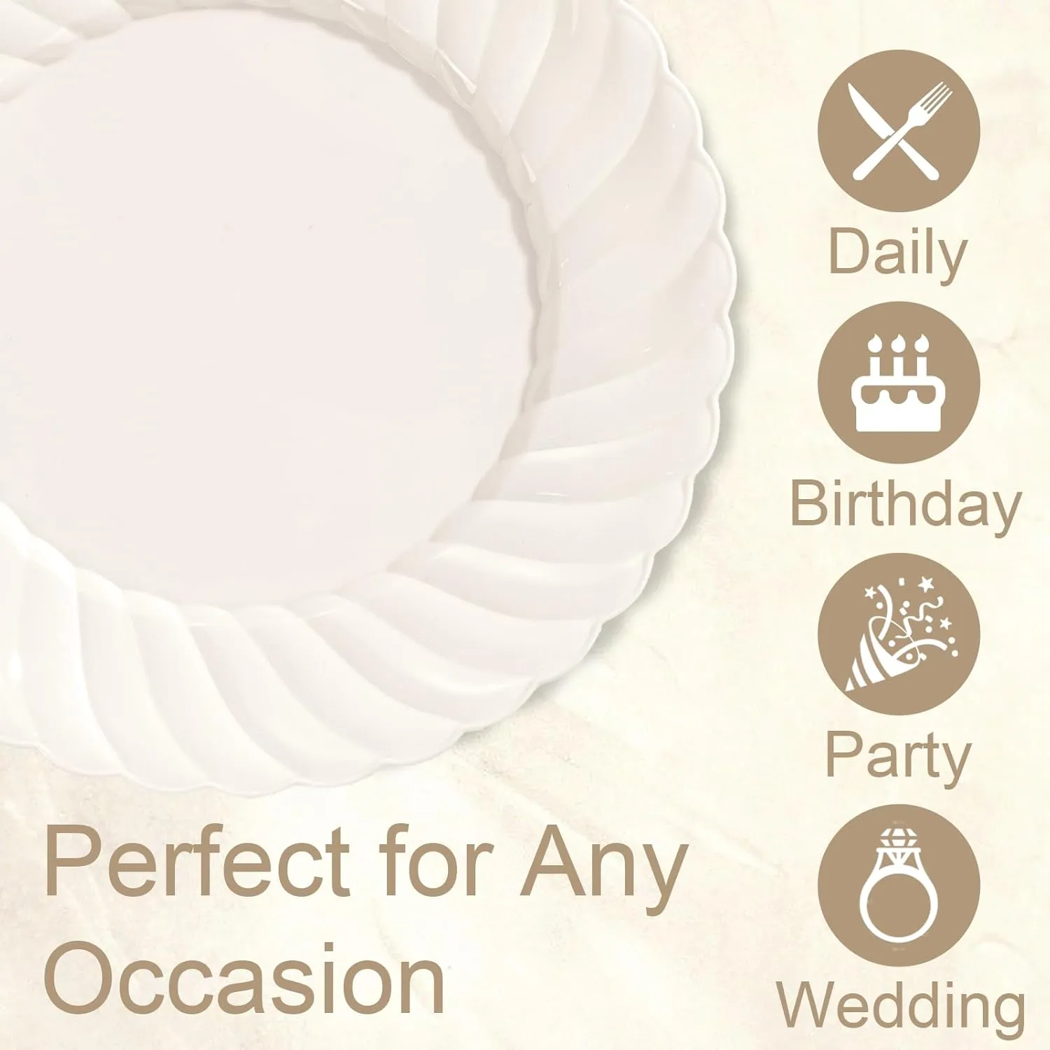 U-QE 100 Count 6 Inch Ivory Plastic Plates - Scalloped Dessert Plates Disposable - Premium Hard Fancy Disposable Heavy Duty Party Supplies for Birthdays, Celebrations, Weddings and Events