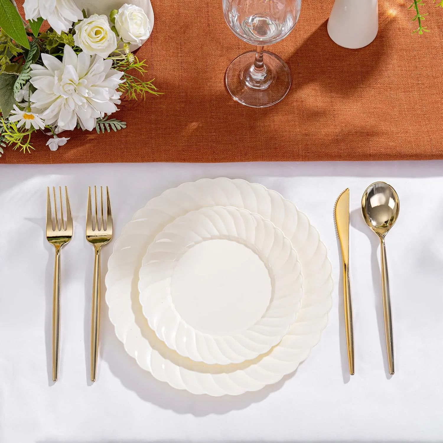 U-QE 100 Count 6 Inch Ivory Plastic Plates - Scalloped Dessert Plates Disposable - Premium Hard Fancy Disposable Heavy Duty Party Supplies for Birthdays, Celebrations, Weddings and Events