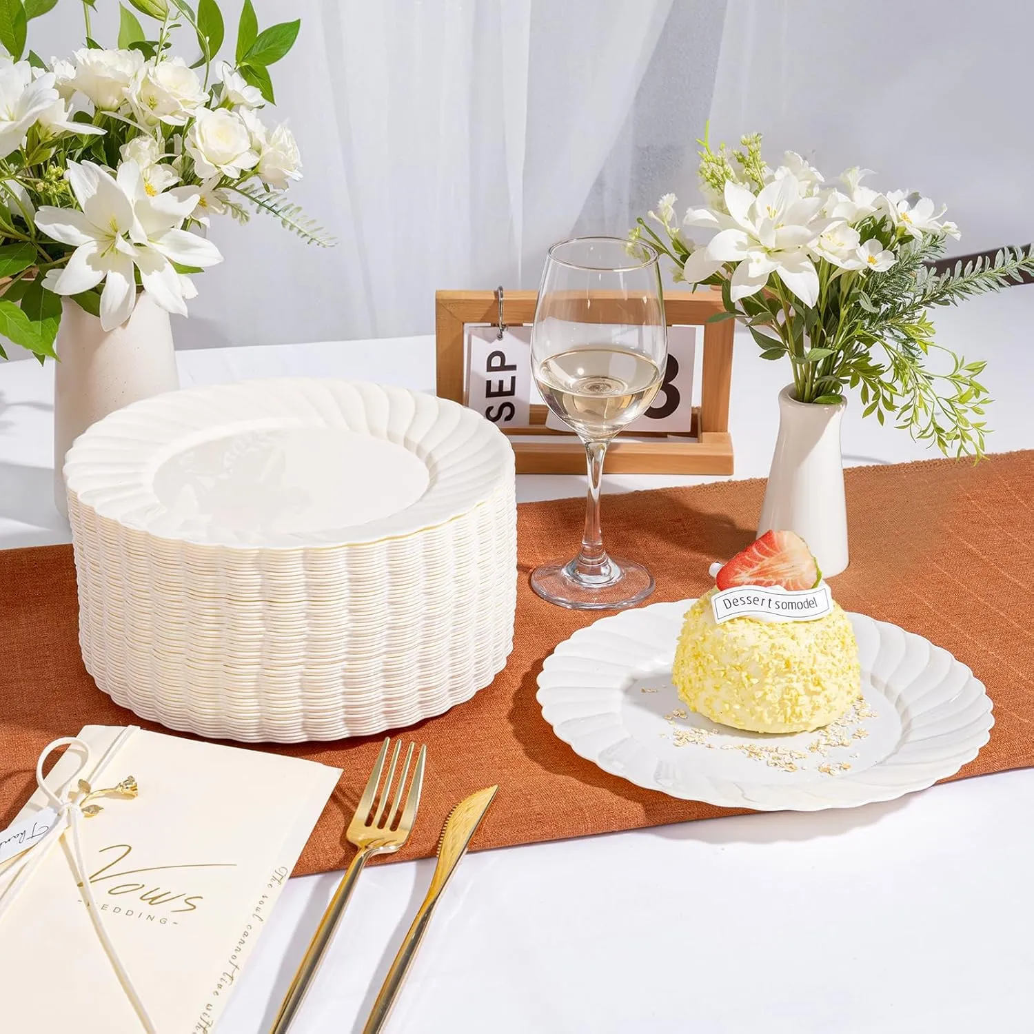 U-QE 100 Count 6 Inch Ivory Plastic Plates - Scalloped Dessert Plates Disposable - Premium Hard Fancy Disposable Heavy Duty Party Supplies for Birthdays, Celebrations, Weddings and Events
