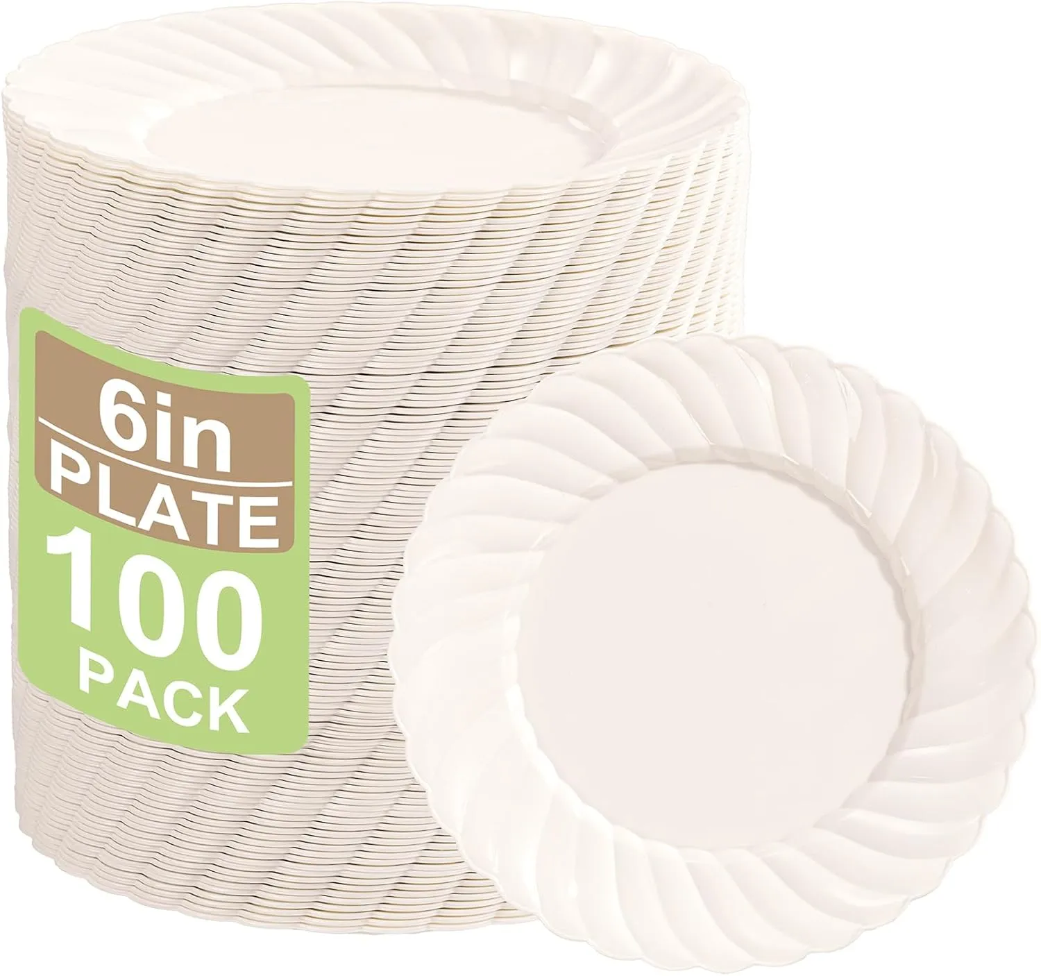 U-QE 100 Count 6 Inch Ivory Plastic Plates - Scalloped Dessert Plates Disposable - Premium Hard Fancy Disposable Heavy Duty Party Supplies for Birthdays, Celebrations, Weddings and Events