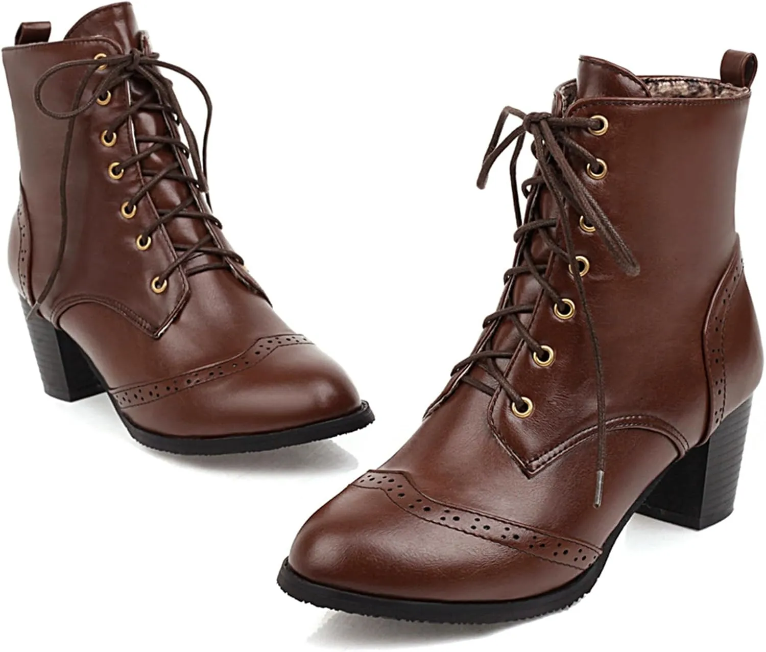 UniqueStride Women's Brogue Ankle Boots Lace Up Ankle Bootie with Chunky Block Heel Round Toe Shoes