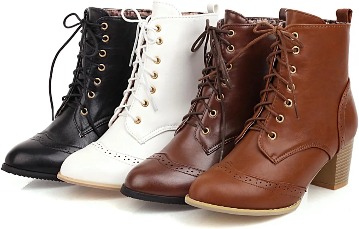 UniqueStride Women's Brogue Ankle Boots Lace Up Ankle Bootie with Chunky Block Heel Round Toe Shoes