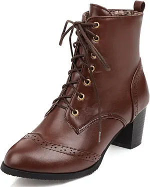 UniqueStride Women's Brogue Ankle Boots Lace Up Ankle Bootie with Chunky Block Heel Round Toe Shoes