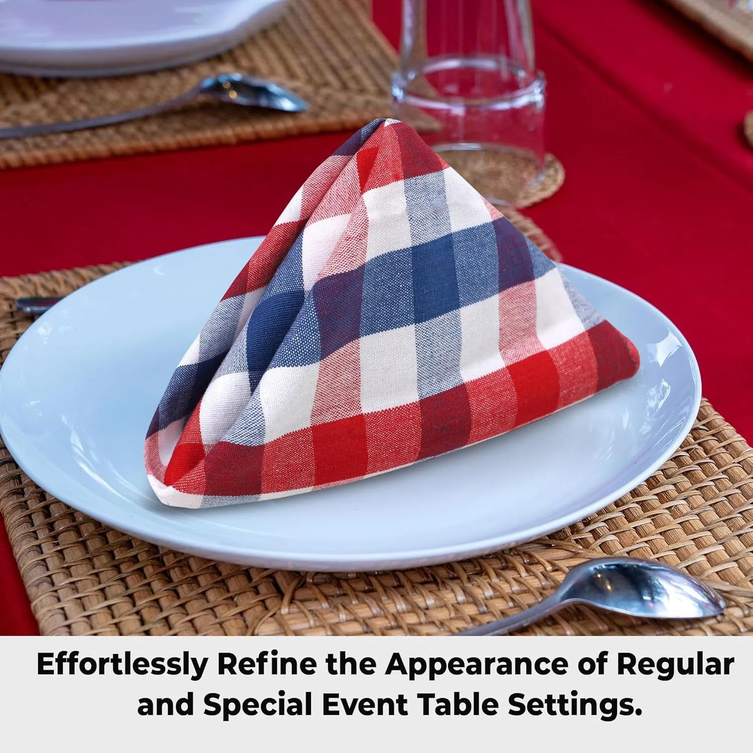 Urban Villa Cotton Dinner Napkins Set of 12, 20x20 Inche Soft Premium Cotton Napkins, Hotel Quality Highly Absorbent, Reusable & Washable Table Dinner Napkins (Red/Blue/White, Buffalo Checks)